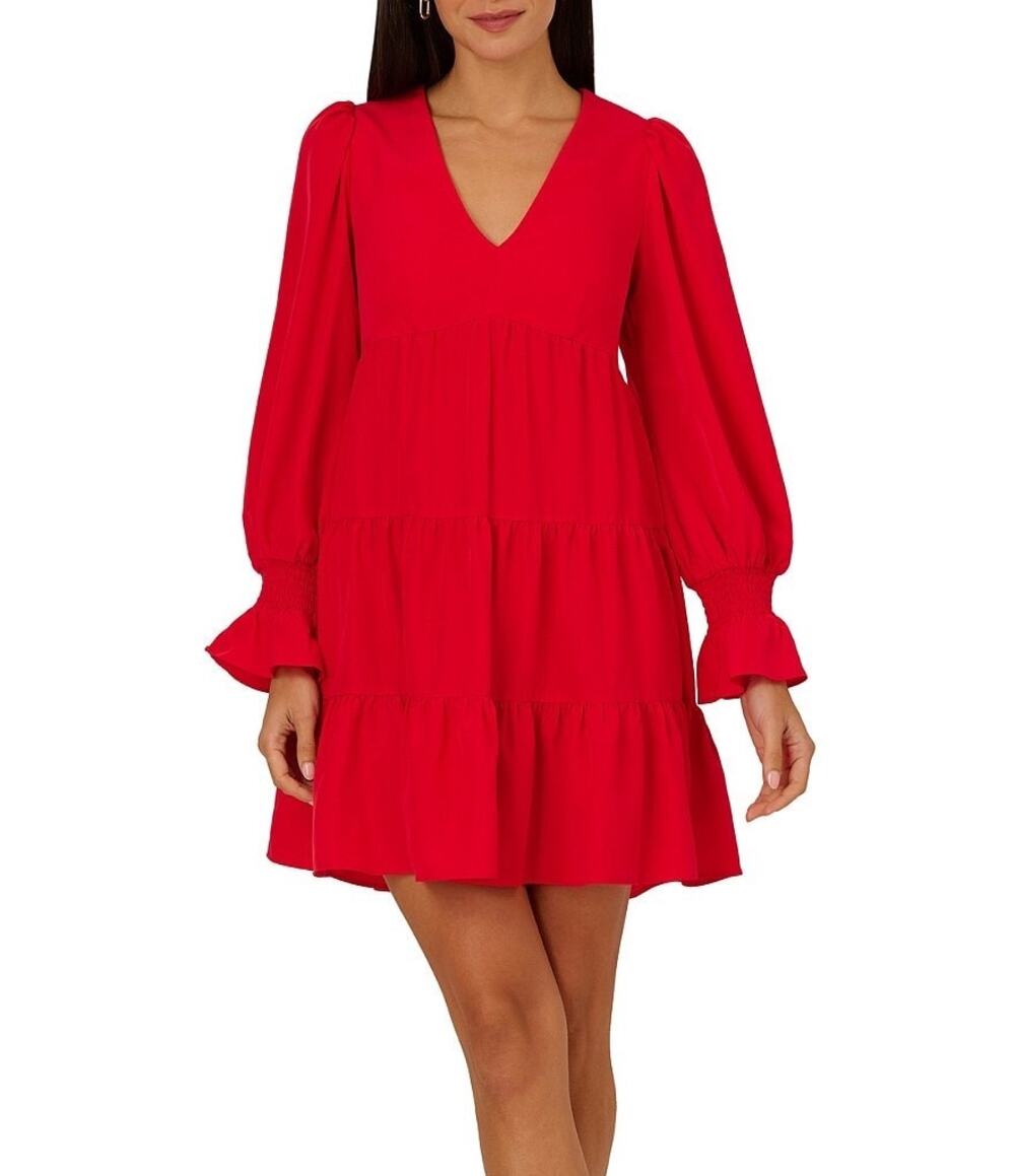 Adrianna Papell V Neck Long Sleeve Tiered A-Line Mini Red Dress Size 4